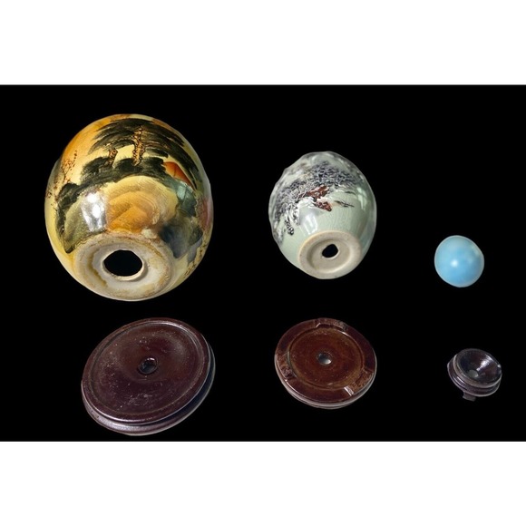 Asian Art & Stone Blue Eggs Hand Painted Waterfall Forest & Fisherman WithStands - Picture 13 of 13